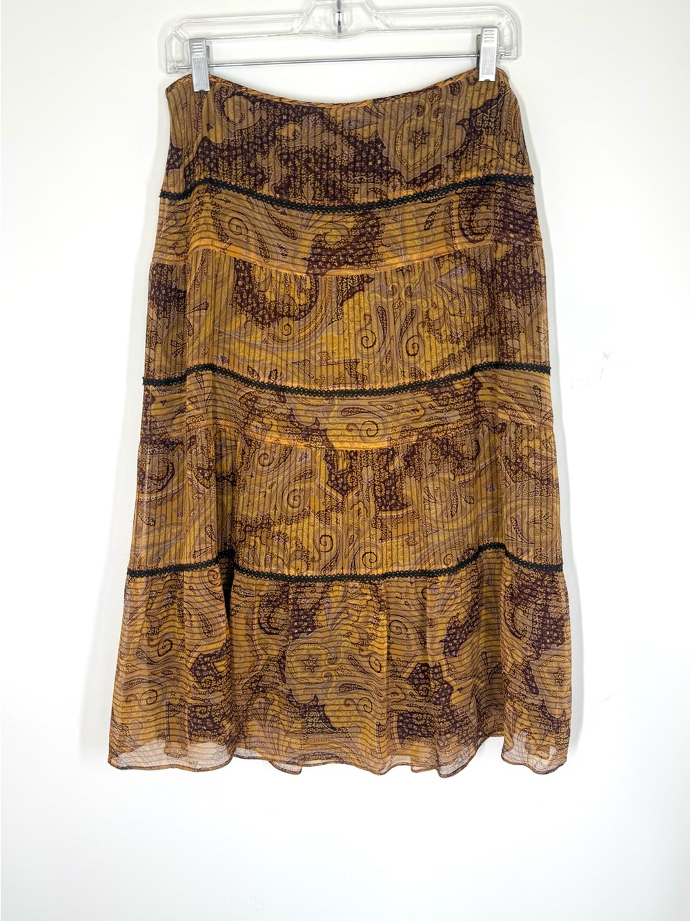 Laundry Shelli Segal Gold Brown Patterned Midi Silk Skirt Boho Indie Print 2